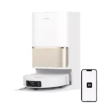 White Dreame smart water heater appliance with a brushed metal band, shown alongside a smartphone displaying the app on the right.