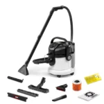 Canister vacuum cleaner with a flexible hose and multiple detachable tools displayed around it.