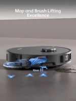 Robot mop with transparent side and spinning brushes, emphasizing tight lift and cleaning action; caption reads 'Mop and Brush Lifting Excellence'.