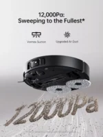 Robot vacuum in mid-air demonstrating 12,000 Pa suction with Vormax suction and upgraded air duct (advertisement).