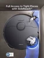 Robot vacuum with a cutaway view of internal gears on the right and the headline 'Full Access to Light Places with SideReach' at the top. A TÜV SÜD badge is in the bottom-left corner.