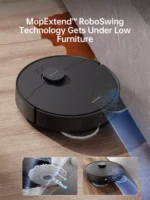 Robot vacuum (MopExtend RoboSwing) cleans under low furniture, highlighting its under-furniture capability.