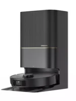 Tall black Dreame vacuum tower with ribbed body and gold trim, paired with its base/docking station for charging and storage, brand visible as DREAME