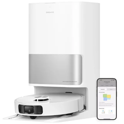 White wall-mounted dust collection unit with a silver base, labeled Auto-Empty Dust Collection, shown next to a smartphone displaying its app interface