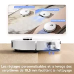Robot vacuum on a wooden floor cleaning a rug with blue air paths indicating suction modes; highlights show customizable settings (French callouts).