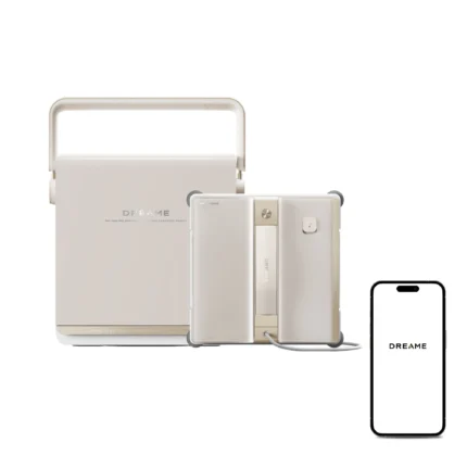 Dreamé window cleaning robot in cream packaging with modular components visible.