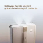 Publicité montrant un humidificateur blanc avec le slogan en français: 'Nettoyage humide amélioré grâce à la technologie à double jet' sur fond bleu clair.