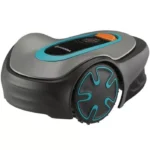 Autonomous robotic lawn mower with teal accents and large treaded wheels on a gray body, designed to cut grass automatically.