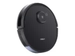 Round black Deebot robot vacuum cleaner with a central sensor module, viewed at an angle.