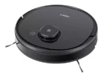 Black circular robotic vacuum cleaner with side brushes extended, viewed from the top; features a raised central dial and the DEEBOT logo on the lid, designed for floor cleaning.