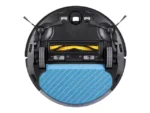 Underside of a robotic vacuum with side brushes, wheels, and a blue mop pad attached for mopping.
