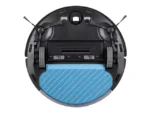 Underside of a robotic vacuum with two side brushes, wheels, and a blue mopping pad attached underneath.