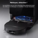 Robot vacuum with its mop module open, displaying the interior; overlay text explains detaching the mop for non-mopping modes.