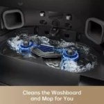 Dishwasher interior with rotating blue spray arms washing a mop and washboard inside.
