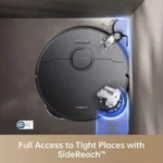 Top-down view of a circular robotic vacuum labeled SideReach, shown on a dark floor with blue glow accents and the caption 'Full Access to Tight Places with SideReach'.