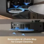 Robot vacuum with a removable liftable mop pad for carpet cleaning, shown with blue indicator lights.