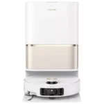 Tall white Dreame appliance with a gold-brushed lower section, shown from the front on a pedestal base, vertical orientation.
