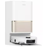 White Dreame tall appliance with a beige accent panel and a round robotic vacuum resting on its docking station below.