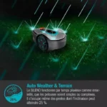 Autonomous lawn mower with Auto Weather & Terrain, cutting grass while weather/terrain indicators appear with a 25% incline badge.