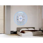 Modern bedroom with a wall-mounted square ventilation device glowing blue above the bed, labeled 5500Pa, suggesting smart air control.