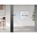 Glass door with a blue horizontal handle; a white square wall lock with a circular ring demonstrates automatic opening in a modern interior.