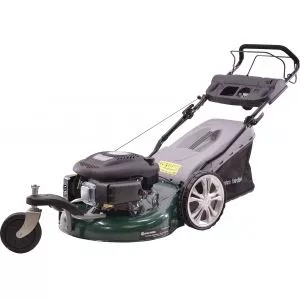 Gas-powered riding lawn mower with a seat, cutting deck, and large wheels designed for yard mowing.