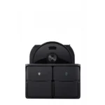 Black robotic vacuum sits on a charging dock with four front-facing storage compartments in a cabinet-like base, two with pin icons on their doors.