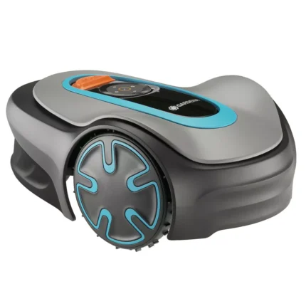 Robotic lawn mower with gray body, turquoise trim, and large wheel visible from side.