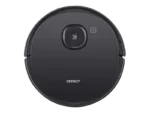 Top‑down view of a round black Deebot robotic vacuum cleaner with a central raised button and power icon visible on the lid.
