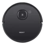Top‑down view of a round black Deebot robotic vacuum cleaner with a central raised button and power icon visible on the lid.