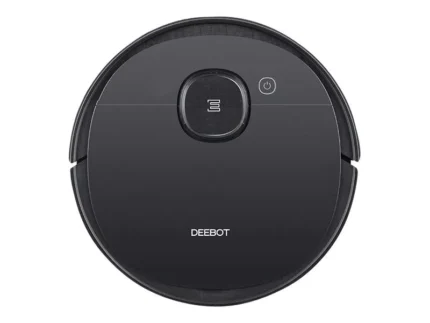 Top‑down view of a round black Deebot robotic vacuum cleaner with a central raised button and power icon visible on the lid.