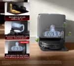 Promotional graphic showing three feature panels: hot-air drying at 55°C, automatic dust emptying up to 65 days, and fresh-air dust bag drying, beside a compact home appliance.