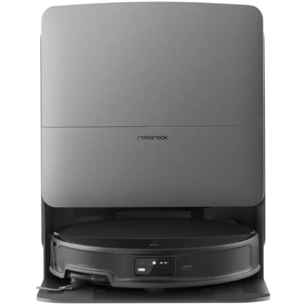 Top-front view of a Roborock robotic vacuum in its rounded, metallic gray dock with a control panel at the bottom.