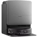 Close-up of a tall, gray Roborock cleaning station with a rounded top and an open bottom compartment.