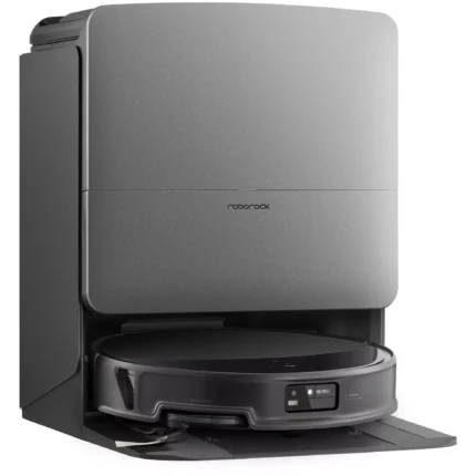 Close-up of a tall, gray Roborock cleaning station with a rounded top and an open bottom compartment.