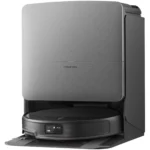 Roborock robotic vacuum perched in its charging/docking station with a rounded silver body and base plate visible at the bottom edge.