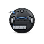 Bottom view of a round robot vacuum with side brush, two large wheels, central roller brush, and a dust cleaning roller visible underneath.