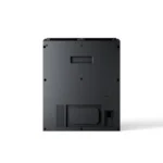 Rear view of a black rectangular electronic device with a vent, access panel, and connector slot.