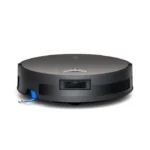 Circular robotic vacuum cleaner on a white background with a brushed metal top and blue side cable visible.