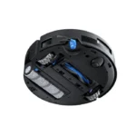 Bottom view of a black robotic vacuum with side brushes and blue wiring visible under the chassis