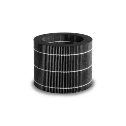 Cylindrical pleated air filter with black material and two white bands, viewed from the side.