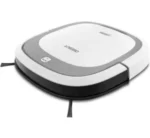 Top-down view of a white, round robotic vacuum cleaner with gray trim and a small front bumper