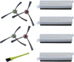 Assorted replacement parts: three-blade propellers with green and red hubs, five rectangular air filters, and a yellow-handled cleaning tool.