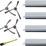 Assorted replacement parts: three-blade propellers with green and red hubs, five rectangular air filters, and a yellow-handled cleaning tool.