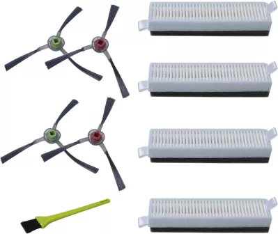 Assorted replacement parts: three-blade propellers with green and red hubs, five rectangular air filters, and a yellow-handled cleaning tool.