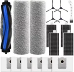 Replacement parts for a robot vacuum: filters, side brushes, mop pads, and waste bins in a single kit.