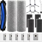 Replacement parts for a robot vacuum: filters, side brushes, mop pads, and waste bins in a single kit.