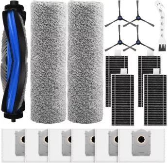 Replacement parts for a robot vacuum: filters, side brushes, mop pads, and waste bins in a single kit.