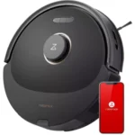 Roborock robotic vacuum cleaner with a circular black body and a central control button, shown next to a red smartphone displaying the Roborock app.