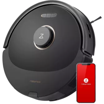 Roborock robotic vacuum cleaner with a circular black body and a central control button, shown next to a red smartphone displaying the Roborock app.